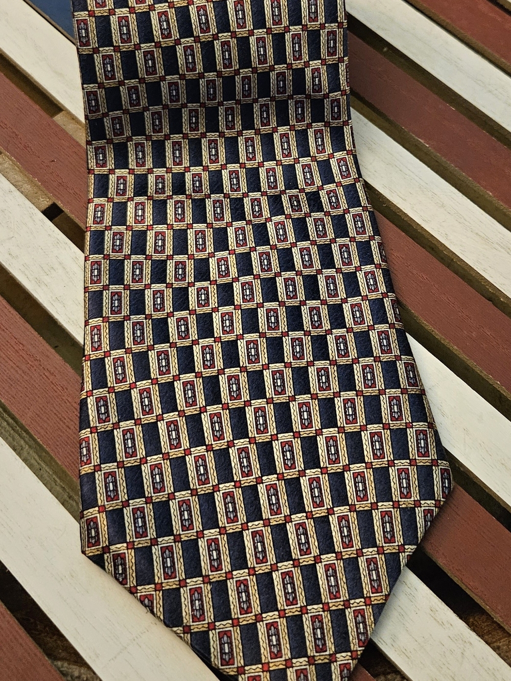 Pierre Cardin Navy Tie with Gold and Red Geometric Motif